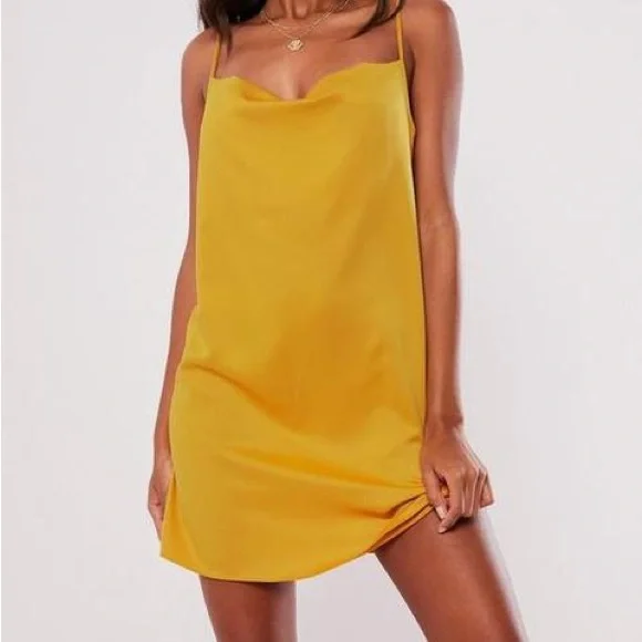 Gold Satin Strappy Cowl Shift Dress - Picture 2 of 6